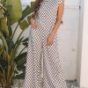 Chic Women's Khaki Checkered Print Buttoned Crew Neck Wide Leg Jumpsuit - Image 6