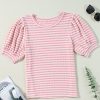 Women's Pink Stripe Textured Puff Sleeve Crewneck Top - Casual Chic - Image 13