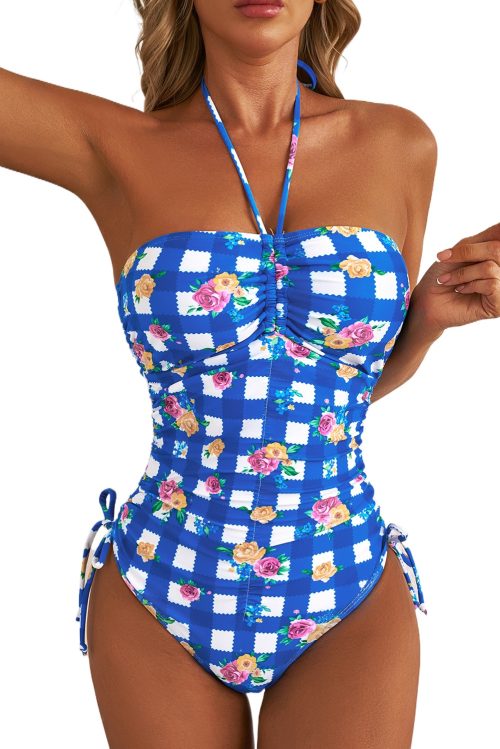 Women's Blue Gingham Halter Ruched Bodice One Piece Swimsuit with Drawstring Ties