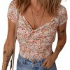 Women's Orange Short Sleeve Floral Ruched Sweetheart Bodysuit - Casual Summer Top - Image 10