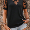 Elegant Women's Black Flora Lace Patchwork Crew Neck T-Shirt with Mesh Puff Sleeves - Image 6