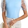 Women's Beau Blue Floral Mesh Puff Sleeve Crew Neck Top - Elegant Summer Blouse - Image 11