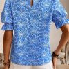 Women's Sky Blue Eyelet Flower Embroidery Frilled Short Puff Sleeve Blouse - Image 2