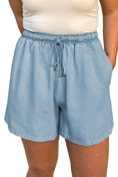 Plus Size Beau Blue Washed Chambray Drawstring Elastic Waist Shorts for Women