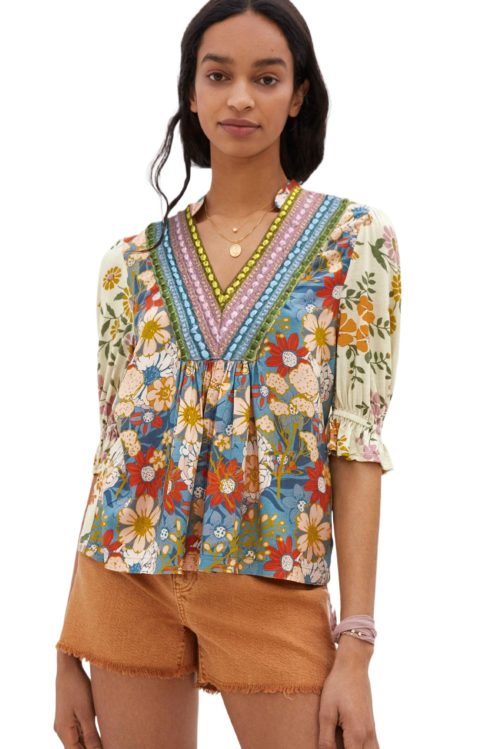 Women's Multicolor Crochet V Neck Half Sleeve Boho Floral Blouse