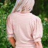 Women's Pink Stripe Textured Puff Sleeve Crewneck Top - Casual Chic - Image 11