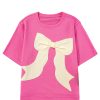 Women's Strawberry Pink Contrasting Color Ribbon Bow Front Loose Tee with Side Slits - Image 11