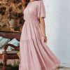 Women's Pink Puff Sleeve Pleated High Waist Flowy Long Dress - Perfect for Summer Occasions - Image 3