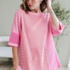 Trendy Women's Pink Stripe Color Block Patchwork Half Sleeve T-Shirt - Image 5