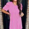 Women's Bright Pink Corded Knit Crew Neck Puff Sleeve Shift Mini Dress - Image 8