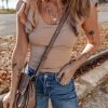 Women's Smoke Gray Ribbed Knit Ruffled Shoulder Slim Fit Tank Top - Image 5