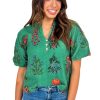 Women's Bright Green Floral Print Buttoned V Neck Short Sleeve Blouse - Image 6