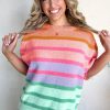 Women's Rose Red Colorful Stripe Bubble Short Sleeve Sweater - Image 4