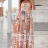 Women's Orange Multi Printed Maxi Dress with Ricrac Trim and Spaghetti Straps - Image 6