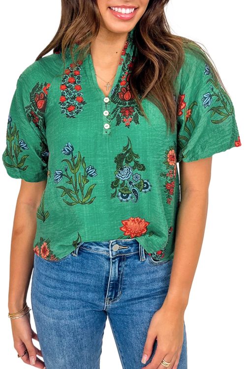 Women's Bright Green Floral Print Buttoned V Neck Short Sleeve Blouse