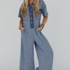 Chic Women's Beau Blue Half Placket Wide Leg Jumpsuit with Chest Pockets - Image 4