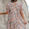 Women's Apricot Bohemian Floral Print Short Puff Sleeve Mini Dress - Image 2