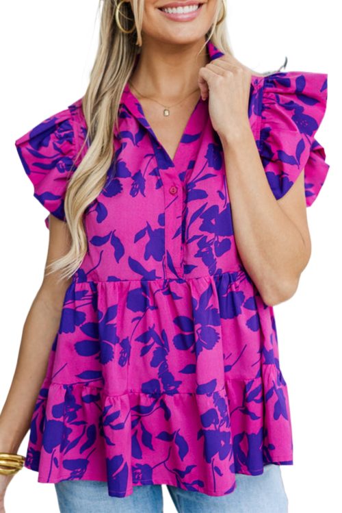 Women's Rose Floral Print Collared Blouse with Flutter Sleeves - Adjustable Button Neckline
