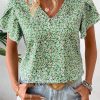 Women's Green Boho Floral V Neck Wrap Short Sleeve Blouse - Trendy Summer Top - Image 2