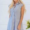 Women's Blue Stripe Frilled Sleeveless Mini Dress with Collar and Front Pocket - Image 5