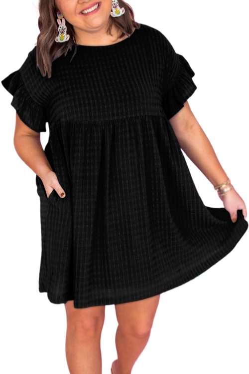 Plus Size Black Textured Ruffled Sleeve Babydoll Dress with Pockets