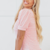 Women's Pink Stripe Textured Puff Sleeve Crewneck Top - Casual Chic - Image 3