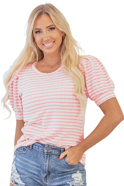 Women's Pink Stripe Textured Puff Sleeve Crewneck Top - Casual Chic