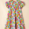 Women's Sky Blue Floral Print Smocked Notch V Neck Flutter Sleeve Mini Dress - Image 8