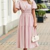 Women's Pink Puff Sleeve Pleated High Waist Flowy Long Dress - Perfect for Summer Occasions - Image 14