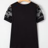 Elegant Women's Black Flora Lace Patchwork Crew Neck T-Shirt with Mesh Puff Sleeves - Image 8