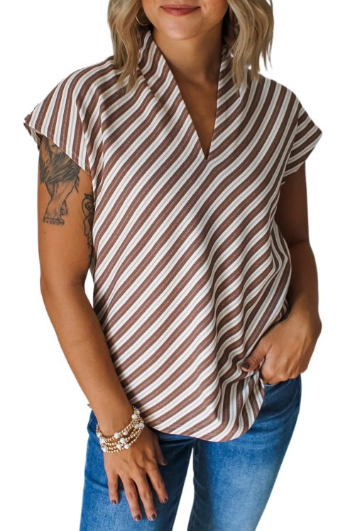 Women's Chestnut Striped Stand V Neck Short Sleeve Blouse for Effortless Chic Style