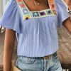 Women's Sky Blue Stripe Textured Ruffle Short Sleeve Boho Blouse - Image 3