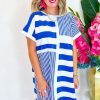 Women's Blue Stripe Mixed Printed Short Sleeve Shift Mini T-Shirt Dress - Image 6