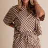 Brown Plus Size Checkerboard Print Short Sleeve Tee and Shorts Lounge Set - Image 3