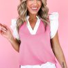 Women's Pink Contrast V Neck Ruffled Textured Knit Top - Elegant and Cozy - Image 3