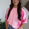 Trendy Women's Pink Stripe Color Block Patchwork Half Sleeve T-Shirt - Image 11