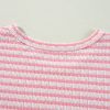 Women's Pink Stripe Textured Puff Sleeve Crewneck Top - Casual Chic - Image 15