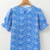 Women's Sky Blue Eyelet Flower Embroidery Frilled Short Puff Sleeve Blouse - Image 6