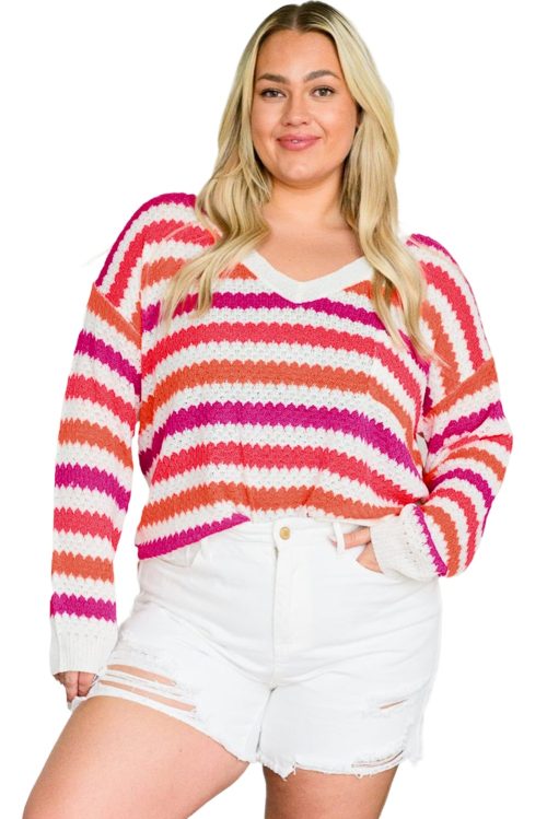 Women's Pink Stripe V-Neck Plus Size Sweater with Drop Shoulders