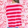 Women's Pink Stripe Patchwork Round Neck Loose T-Shirt with Side Splits - Image 2