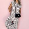 Chic Women's Khaki Checkered Print Buttoned Crew Neck Wide Leg Jumpsuit - Image 13