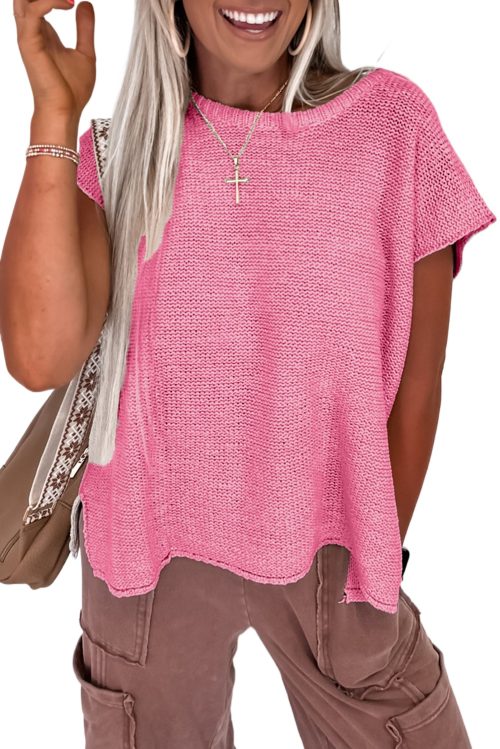 Women's Sachet Pink Solid Color Sweater Tee with Chic Side Slits