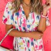 Women's Rose Abstract Print Short Puff Sleeve Tiered Maxi Dress - Image 7