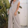 Chic Women's Khaki Checkered Print Buttoned Crew Neck Wide Leg Jumpsuit - Image 8