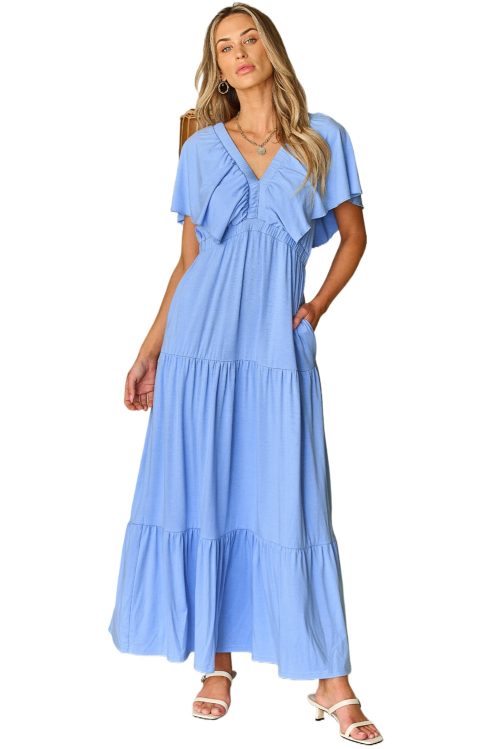 Elegant Sky Blue Textured V Neck Flutter Sleeve Ruffled Maxi Dress for Women