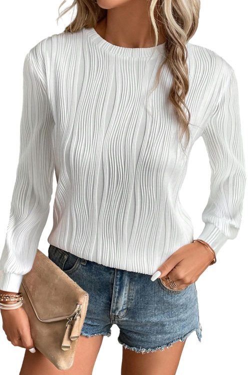 Women's White Textured Wavy Round Neck Long Sleeve Top