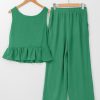 Women's Green Solid Color Ribbed Ruffle Tank Top and Wide Leg Pants Set - Image 7