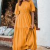 Elegant Grapefruit Orange Puff Sleeve Pleated High Waist Long Dress for Women - Image 5