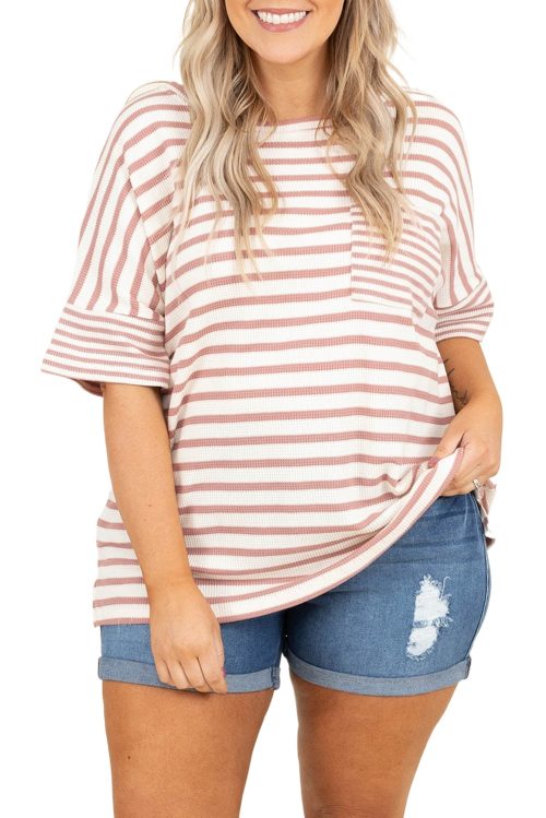 Cozy Pink Stripe Waffle Knit Pocketed Half Sleeve Plus Size T-Shirt