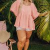 Chic Apricot Pink Plus Size Textured Wide Short Sleeve Babydoll Blouse - Image 7